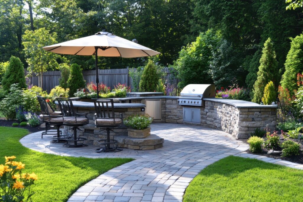 Modern backyard patio built with outdoor concrete pavers and integrated fire pit